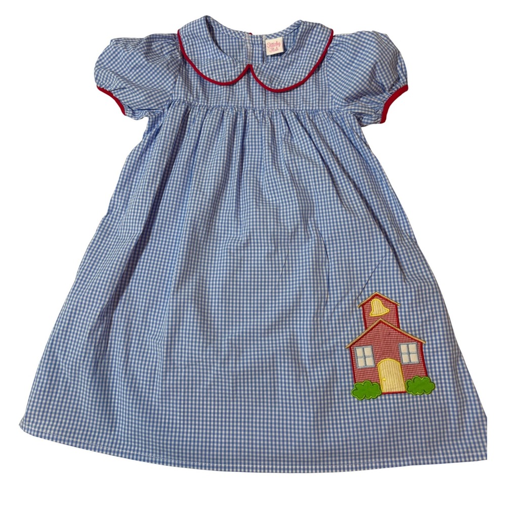 Stitchy Fish‎ Girls Blue Gingham Schoolhouse Applique Dress Peter Pan Collar 6